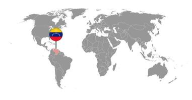 épinglez la carte avec le drapeau du venezuela sur la carte du monde. illustration vectorielle. vecteur