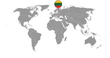 épinglez la carte avec le drapeau de la lituanie sur la carte du monde. illustration vectorielle. vecteur