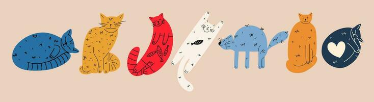 une ensemble de marrant mignonne chats dans différent pose dans le style de main dessin. collection dans différent pose de animaux domestiques. vecteur illustration