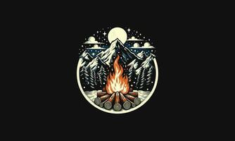feu de camp sur forêt et monter neige vecteur ouvrages d'art conception