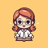 ai généré mignonne étudiant dessin animé fille dans des lunettes en train de lire une livre. vecteur illustration.