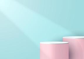 Piédestal de cylindre rose et blanc 3d dans une pièce vide bleu doux avec fond d'ombre et de lumière vecteur