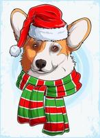 Tête de chien pembroke welsh corgi drôle de noël avec chapeau de père noël et écharpe chien de corgi de noël vecteur