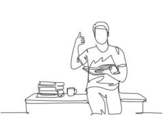 dessin d'une seule ligne d'un jeune étudiant masculin heureux assis sur le bureau à côté d'une pile de livres sur l'université de la bibliothèque. concept d'éducation. illustration vectorielle de ligne continue dessiner conception vecteur