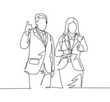 dessin au trait unique d'un jeune homme d'affaires heureux et d'une femme d'affaires donnant le geste du pouce en l'air. concept de travail d'équipe d'affaires. illustration vectorielle de ligne continue dessiner conception vecteur