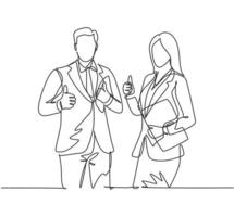 Groupe de dessin d'une seule ligne de jeune couple heureux homme d'affaires et femme d'affaires debout ensemble donnant le geste du pouce vers le haut. concept de travail d'équipe d'affaires. illustration vectorielle de ligne continue dessiner conception vecteur