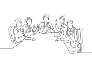 groupe de dessin d'une seule ligne de jeunes hommes d'affaires et femmes d'affaires heureux s'installant sur le même bureau donnant un geste du pouce vers le haut. concept de réunion d'affaires. illustration vectorielle de ligne continue dessiner conception vecteur