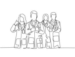 un dessin au trait de groupes de jeunes médecins masculins et féminins faisant un geste du pouce comme symbole d'excellence du service. concept de travail d'équipe médicale. illustration vectorielle de ligne continue dessiner conception