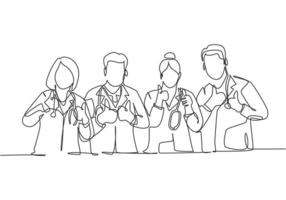 un dessin au trait de groupes de jeunes médecins heureux, hommes et femmes, faisant un geste du pouce comme symbole d'excellence du service. concept de travail d'équipe médicale. illustration vectorielle de ligne continue dessiner conception vecteur