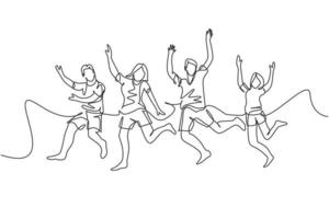 un dessin au trait d'un groupe de jeunes hommes et femmes heureux sautant ensemble pour célébrer leurs vacances. concept de vacances en voyage. illustration vectorielle de ligne continue vecteur