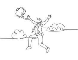 un dessin au trait d'un jeune homme d'affaires heureux et énergique jetant une mallette sautant par-dessus le nuage. concept de célébration de réussite commerciale. illustration vectorielle graphique de conception de dessin de ligne continue vecteur