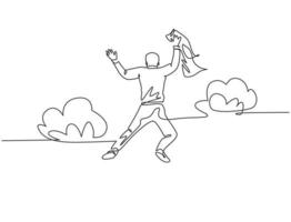 un dessin au trait d'un jeune homme d'affaires heureux et énergique étend ses mains en l'air et saute par-dessus le nuage. concept de célébration d'affaires ligne continue dessiner illustration vectorielle de conception vecteur