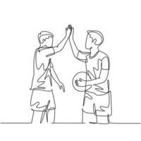 un dessin au trait de deux jeunes hommes heureux jouant au basket-ball sur le terrain extérieur et donnant cinq gestes. concept de mode de vie sportif sain. illustration graphique de conception de dessin en ligne continue vecteur