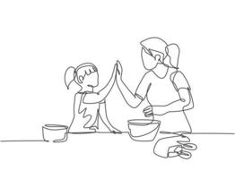 dessin d'une seule ligne de la mère et de la fille se préparant à cuisiner des biscuits dans la cuisine et donnant un geste haut cinq. concept parental ligne continue dessiner illustration graphique vectorielle de conception vecteur