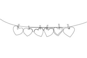 un dessin au trait continu de papier mignon en forme de coeur accroché à la corde avec une corde à linge. concept de carte de voeux de mariage romantique. Illustration vectorielle graphique de conception de ligne unique à la mode vecteur