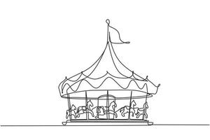 Carrousel de chevaux de dessin continu d'une ligne dans un parc d'attractions tournant sous une grande tente avec un drapeau dessus. loisirs que les enfants adorent. illustration graphique vectorielle de conception de dessin au trait unique vecteur