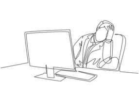 dessin au trait continu unique d'un jeune homme d'affaires endormi s'endormir sur une chaise de bureau avec l'ordinateur allumé au bureau. concept de fatigue au travail une ligne dessiner design vector illustration