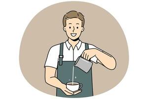 souriant Masculin barista faire café dans tasse vecteur