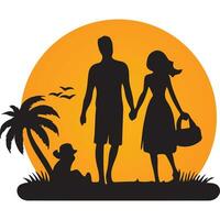 couple en marchant sur le plage silhouette vecteur