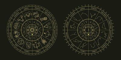 astrologique roue avec zodiaque panneaux, symboles et constellations. céleste mystique roue. mystère et ésotérique. horoscope vecteur illustration.