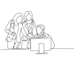 un dessin au trait continu d'un jeune PDG forme les membres féminins de l'équipe à continuer de penser à la création d'innovations au bureau. concept de formation professionnelle. illustration graphique de vecteur de conception de dessin à une seule ligne