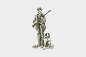 vecteur illustration de une chasseur et une chien dans noir et blanc ancien style