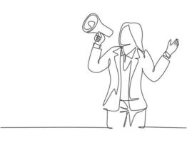 dessin au trait continu unique d'une jeune femme d'affaires en colère criant fort à l'aide d'un mégaphone pour l'entraîner à parler. Concept de pratique de la parole en public une ligne dessiner illustration vectorielle de conception graphique vecteur