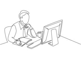 un seul dessin d'un jeune homme d'affaires pensif assis et regardant un écran d'ordinateur pour analyser la société de données. analyse commerciale, écriture, concept, ligne continue, dessiner, conception, vecteur, illustration vecteur