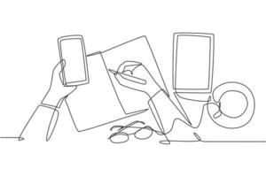 un seul dessin de la main du doigt touche l'écran du smartphone avec des lunettes, un livre, une tablette et une tasse de café sur le bureau. concept de gadget de travailleur ligne continue dessiner illustration vectorielle de conception vecteur