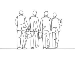 un seul dessin au trait de jeunes hommes d'affaires discutant du travail tout en marchant ensemble dans la rue de la ville jusqu'au bureau. concept de travailleurs de banlieue urbaine ligne continue dessiner illustration vectorielle de conception vecteur