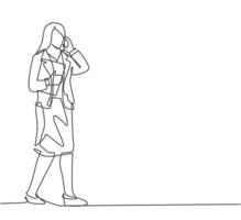 dessin au trait continu unique d'une jeune femme d'affaires marchant jusqu'au bureau et parlant sur le smartphone avec son amie. concept d'appel d'affaires. Une ligne dessiner illustration graphique vectorielle de conception vecteur