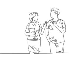 un dessin au trait continu d'un jeune couple heureux d'hommes et de femmes discute et marche après le cours. concept de relation amoureuse amoureuse. Dessiner une seule ligne moderne design graphique d'illustration vectorielle vecteur