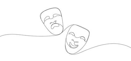 théâtre masque la tragédie et humour un ligne continu ligne art. personnage masque esquisser. souriant visage et pleurs visage contour vecteur illustration isolé sur blanc Contexte