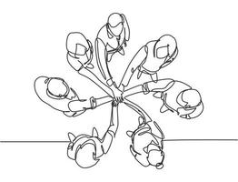 un seul groupe de dessin au trait de jeunes gens d'affaires heureux unissent leurs mains pour former un symbole en forme de cercle, vue de dessus. concept de travail d'équipe tendance ligne continue dessiner illustration vectorielle de conception vecteur