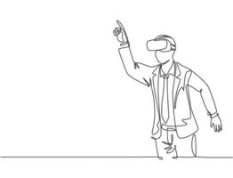 un dessin au trait continu d'un jeune homme d'affaires heureux faisant semblant de toucher le bouton tout en portant un casque de réalité virtuelle. Concept de jeu vidéo futuriste moderne ligne unique draw design vector illustration