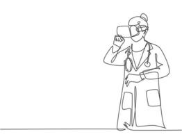 un seul dessin d'une jeune femme médecin sérieuse pensant pensivement en regardant le visuel de la réalité virtuelle. technologie intelligente concept de jeu futuriste ligne continue dessiner illustration vectorielle de conception vecteur