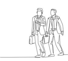 un dessin au trait unique de deux jeunes managers masculins marchant à la hâte tout en regardant sa montre essayez de ne pas être en retard au travail. concept de travailleur de banlieue urbaine ligne continue dessiner illustration vectorielle de conception vecteur