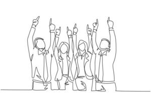 un groupe de dessin au trait unique de jeunes travailleurs masculins et féminins heureux pointant et levant le doigt vers le ciel. concept de célébration de travail d'équipe d'affaires ligne continue dessiner illustration graphique vectorielle de conception vecteur