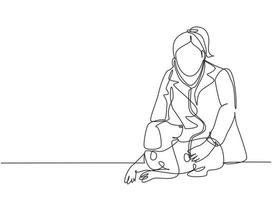 un seul dessin d'une jeune femme vétérinaire heureuse examinant et prenant soin d'un chien malade à cause d'un virus. concept de service de soins de santé pour animaux de compagnie ligne continue dessiner illustration vectorielle de conception vecteur