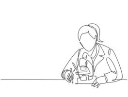 un dessin au trait continu d'une jeune femme scientifique examine le virus qui cause la covid avec un microscope de laboratoire. concept de recherche de vaccin contre le coronavirus ligne unique dessiner illustration vectorielle de conception vecteur
