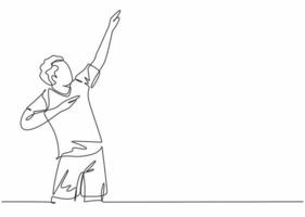 dessin au trait continu unique d'un jeune joueur de football sportif masculin lève les mains vers le ciel sur le terrain. Match de football but célébration concept une ligne dessiner vector illustration design