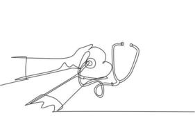 un seul dessin au trait d'un jeune médecin tenant un stéthoscope et une décoration en forme de coeur comme symbole de battement cardiaque sain. concept de soins de santé médicaux ligne continue dessiner illustration graphique vectorielle de conception vecteur