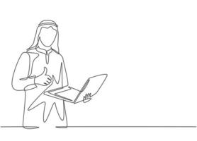 dessin au trait continu unique d'un jeune homme d'affaires musulman tenant un ordinateur portable sur sa main et un geste de pouce levé. tissu arabe moyen-orient kandura, dégel, robe. une ligne dessiner illustration vectorielle de conception vecteur