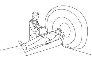 dessin au trait continu unique d'un jeune médecin faisant une procédure d'irm au patient qui a subi des lésions cérébrales d'un accident vasculaire cérébral. concept de service de traitement médical une ligne dessiner illustration vectorielle de conception vecteur