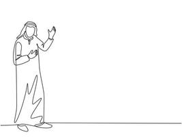 un seul dessin au trait d'un jeune homme d'affaires musulman heureux donnant des mains de geste de présentation. tissu d'arabie saoudite shmag, kandora, foulard, thobe. illustration vectorielle de ligne continue dessiner conception vecteur