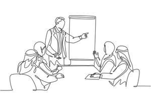 un dessin au trait continu d'un jeune coach d'affaires musulman dispense une formation commerciale lors d'une réunion d'entreprise. vêtements islamiques shemag, kandura, écharpe, keffieh. illustration vectorielle de dessin à une seule ligne vecteur