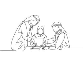 un seul dessin de jeunes managers musulmans heureux discutant et concevant la politique de l'entreprise. tissu d'arabie saoudite shmag, hijab, foulard, thobe. illustration vectorielle de ligne continue dessiner conception vecteur