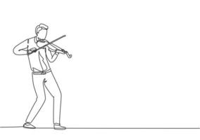 un seul dessin au trait d'un jeune violoniste masculin heureux jouant du violon lors d'un concert de musique. musicien artiste performance concept ligne continue dessiner conception illustration graphique vectorielle vecteur
