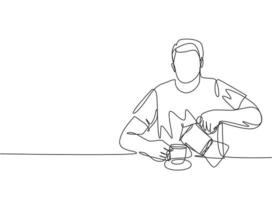 un dessin continu d'une seule ligne de jeune homme heureux et séduisant versant du café original chaud noir et foncé de la cafetière à une tasse. boire du thé concept dessin animé design illustration vectorielle vecteur
