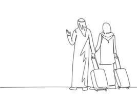 un dessin au trait continu d'un jeune couple musulman masculin et féminin fait un voyage d'affaires à l'étranger ensemble. vêtements islamiques hijab, kandura, écharpe, keffieh. illustration vectorielle de dessin à une seule ligne vecteur